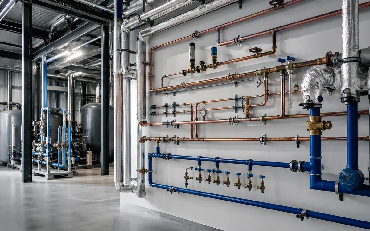 Commercial hot and cold water pipework installed on a plant room wall