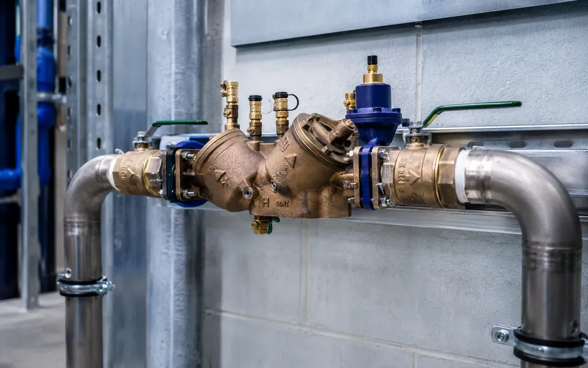 Backflow prevention assembly with brass valves and stainless pipework