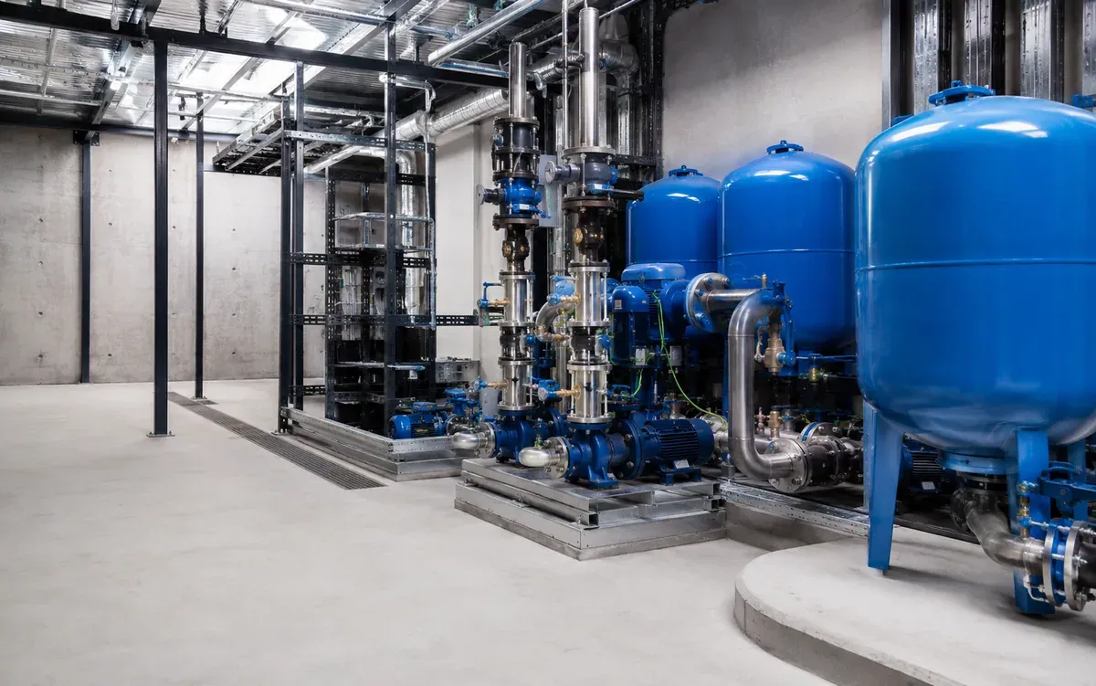 Commercial plant room with blue tanks, pumps and hydraulic pipework