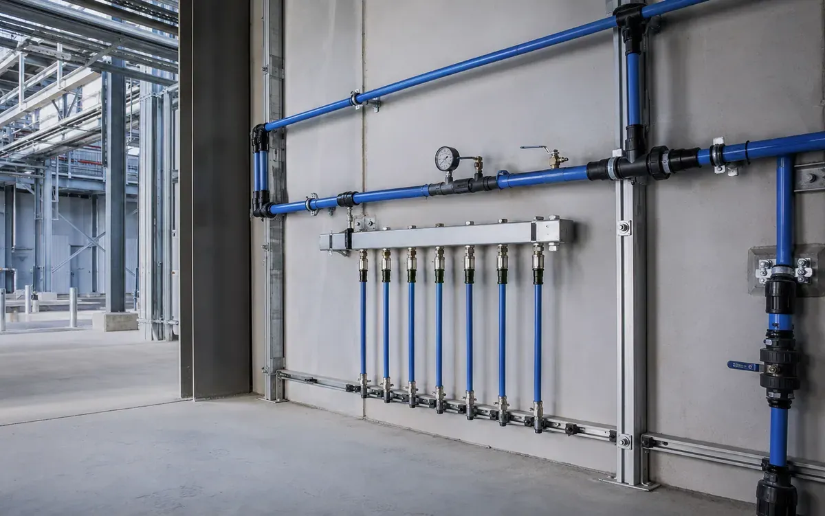 Compressed air pipework manifold with blue service lines and a pressure gauge