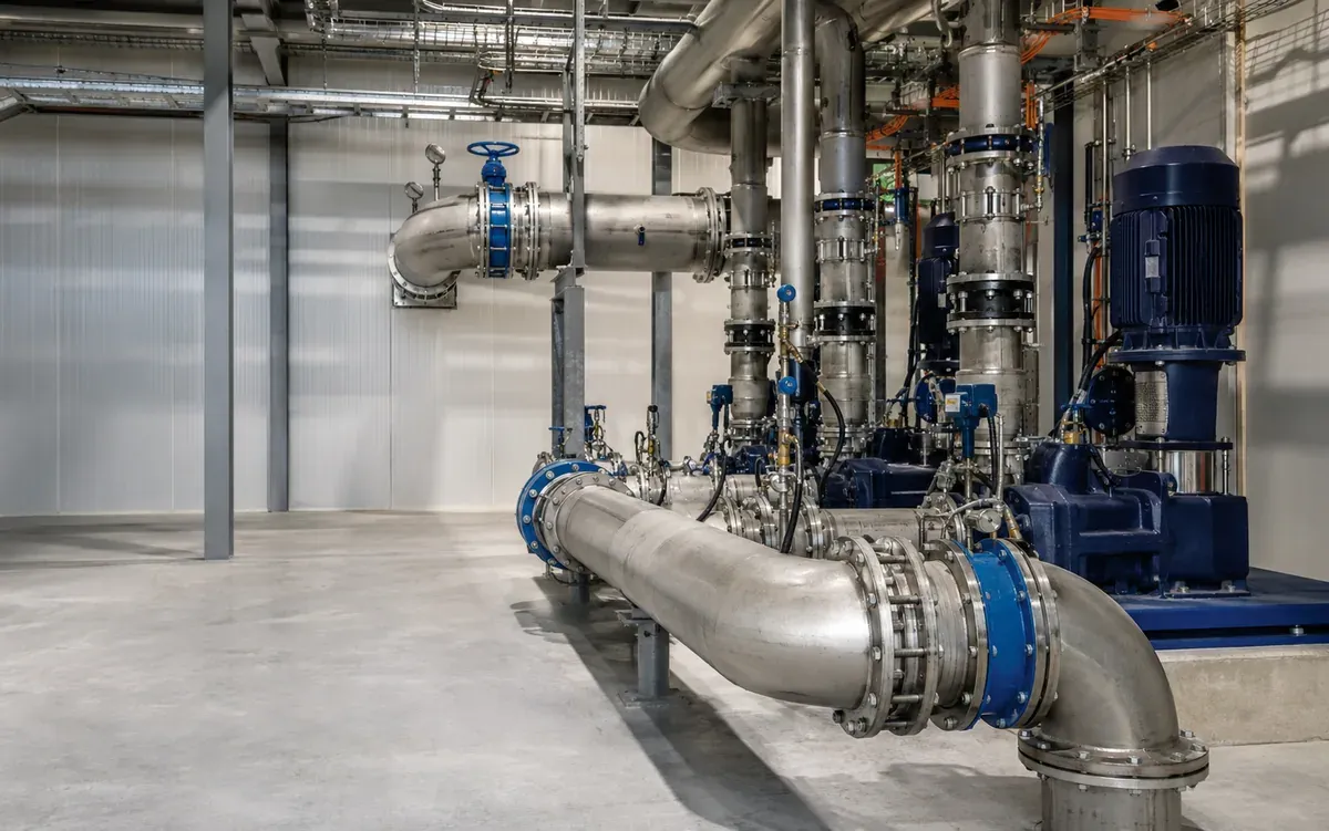 Large suction line pipework connected to industrial pump equipment