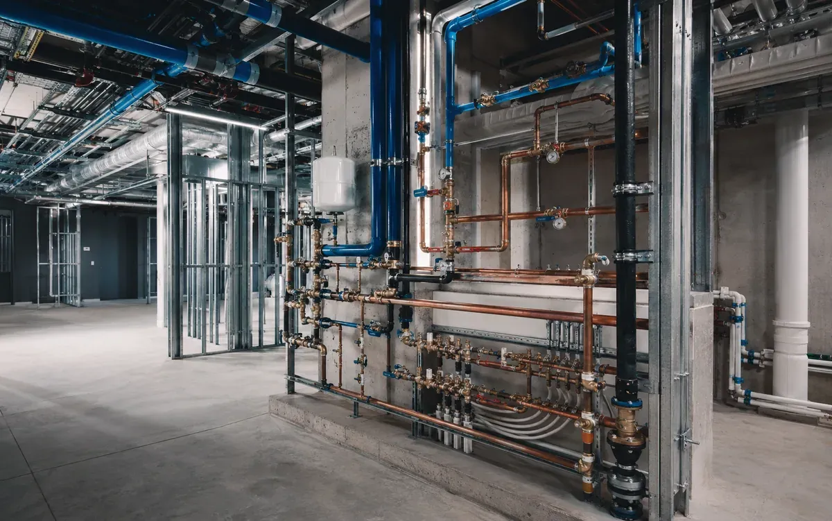 Complete commercial hydraulic infrastructure with coordinated blue and copper pipework