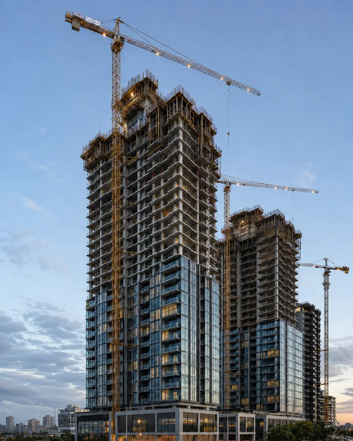 Multi-residential apartment towers under construction at dusk with tower cranes and amber construction lighting
